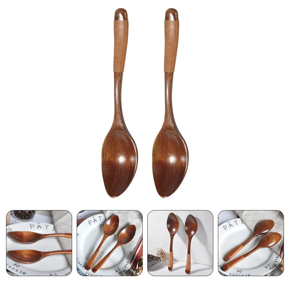 2Pcs Wooden Soup Spoon High-Class Wood Ergonomic Handle Rounded Edges Easy Clean Natural Style Multipurpose Kitchen Utensil Long