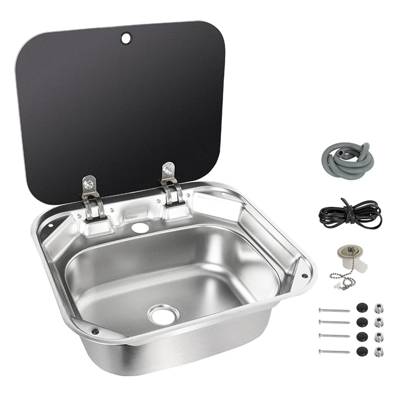 

RV 420mm Sink Stainless Steel Square Sink with Faucet Tempered Glass Cover for RV Caravan Camper Kitchen Accessories