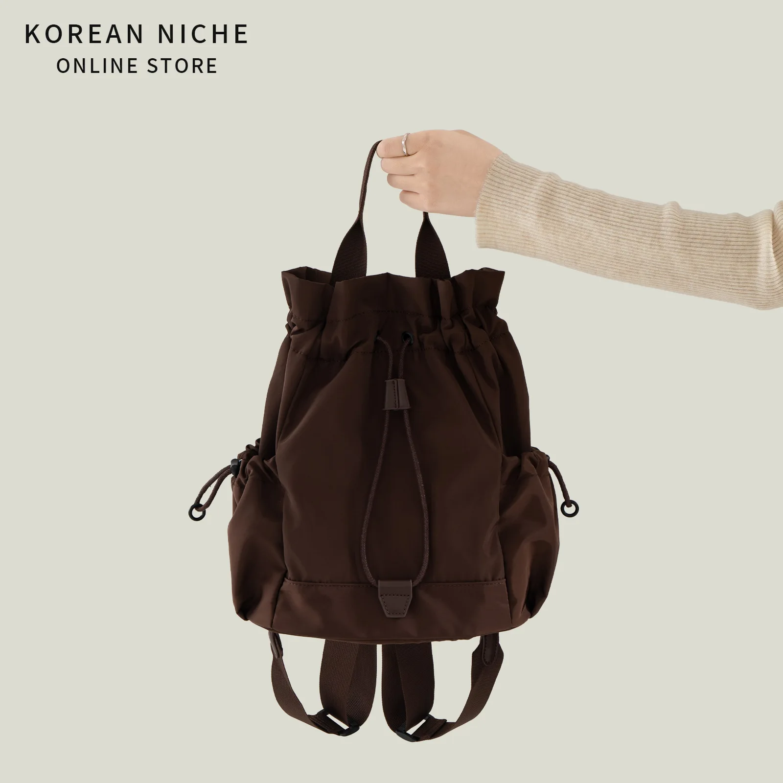 

New nylon material drawstring design lightweight backpack female college students class commuting leisure versatile backpack