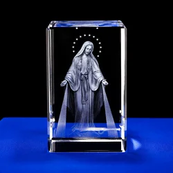 3D Virgin Mary Jesus Statue Laser Engrave Crystal Ornaments Cross Figurine Christianity Catholicism Home Altar Religious Decor