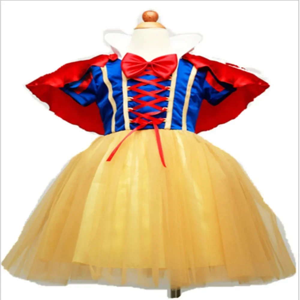 Girls Snow White Cosplay Party Dress Girl Princess Dresses Fashion Birthday Pleated Gown Children 2pcs Evening Costumes With Bow