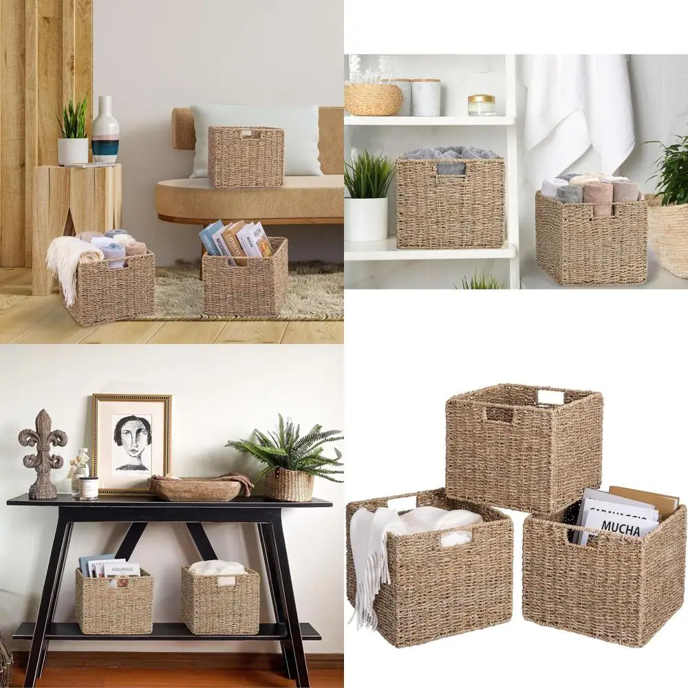 

Set of 4 Large Seagrass Storage Baskets, Decorative Wicker Organizer, Foldable Cube Bins for Pantry