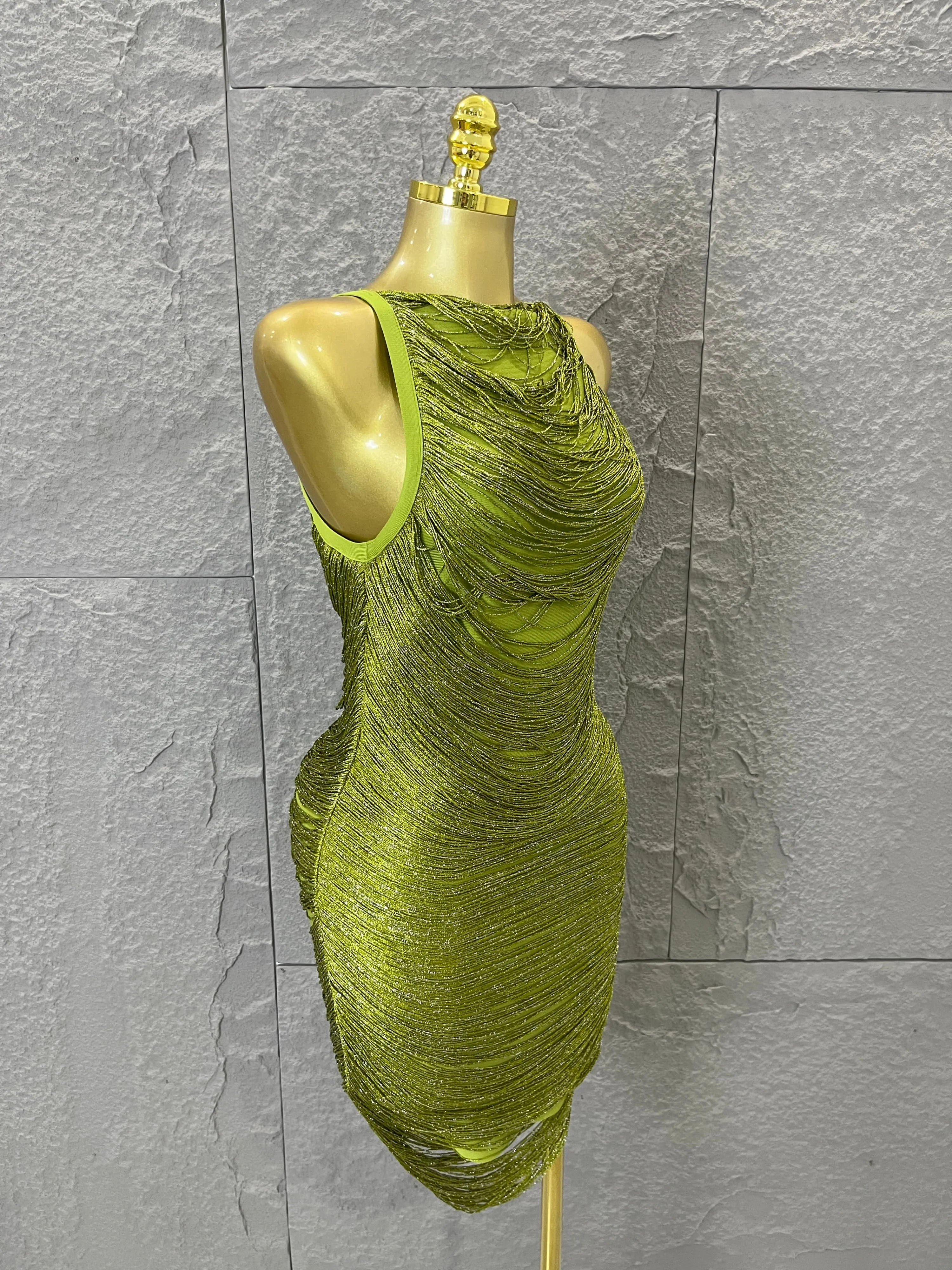 Glamorous Green Bodycon Dress Layered Tassel Fringe and Sleeveless Design Ideal for Women Dance Performance Night Out Outfit