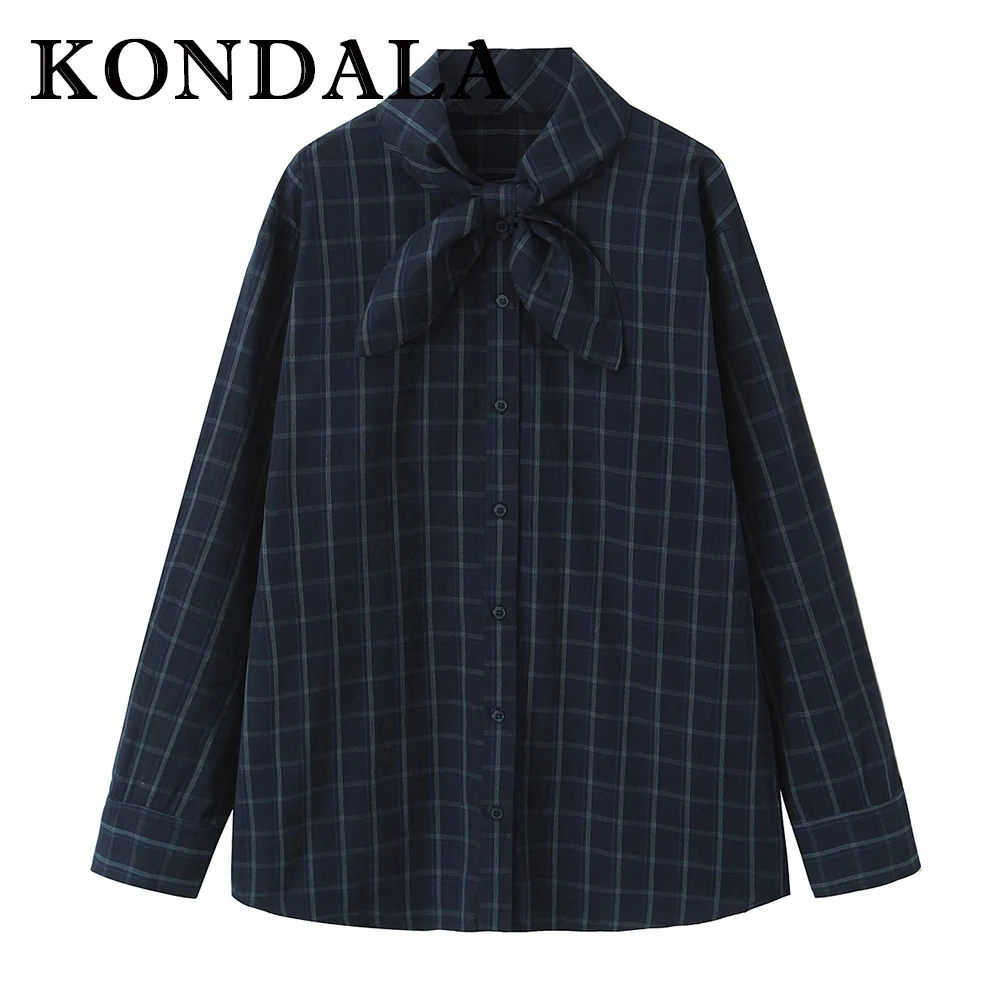 

KONDALA винтажная клетчатая рубашка с синим бантом 2025, женская уличная одежда, повседневные рубашки, свободная рубашка на пуговицах, модная осенняя женская рубашка с длинным рукавом