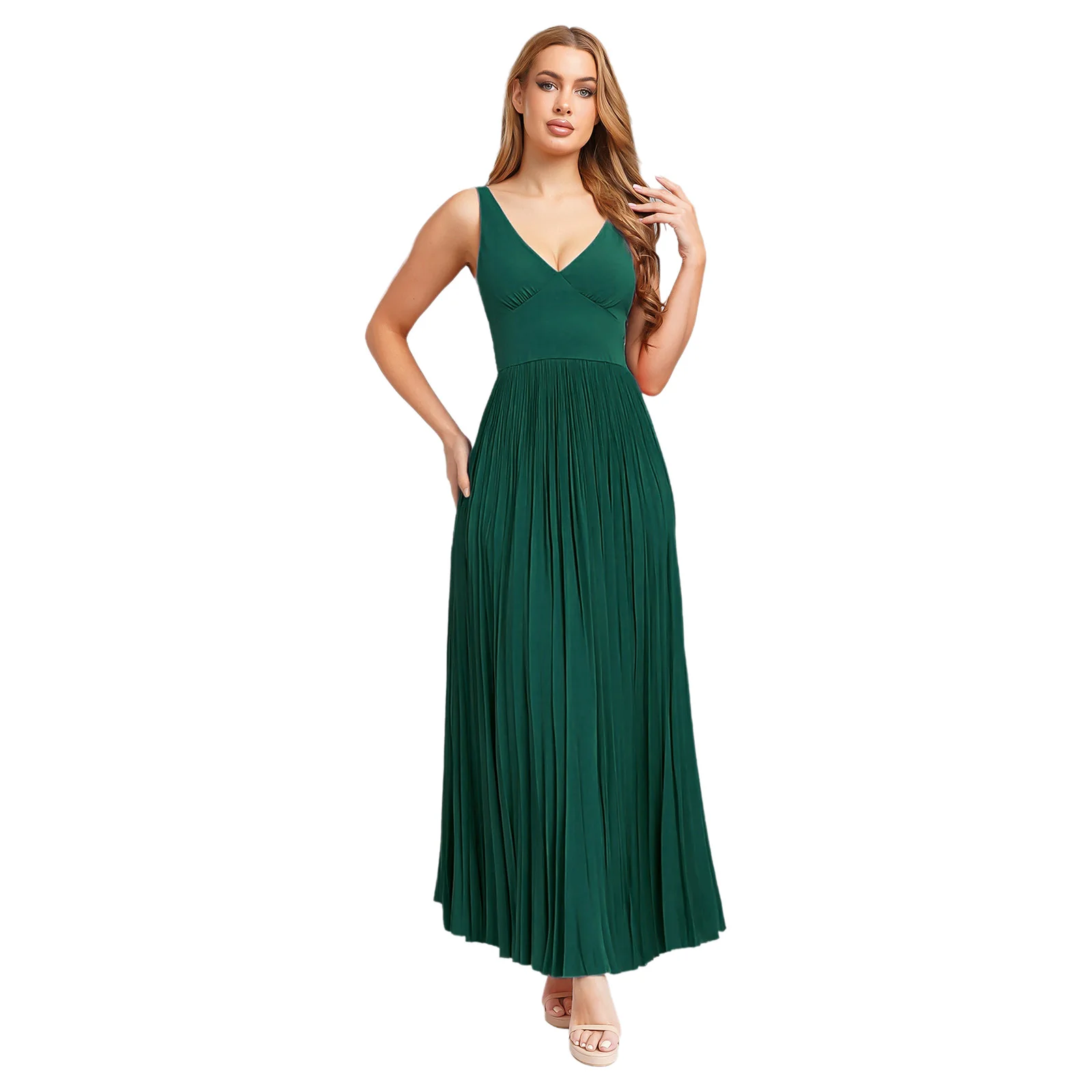 Womens Sundress Boho Lady Evening Gown Pleated A-line Long Dress Dress Sexy V Neck Party Vestidos Wedding Bridesmaid Dresses