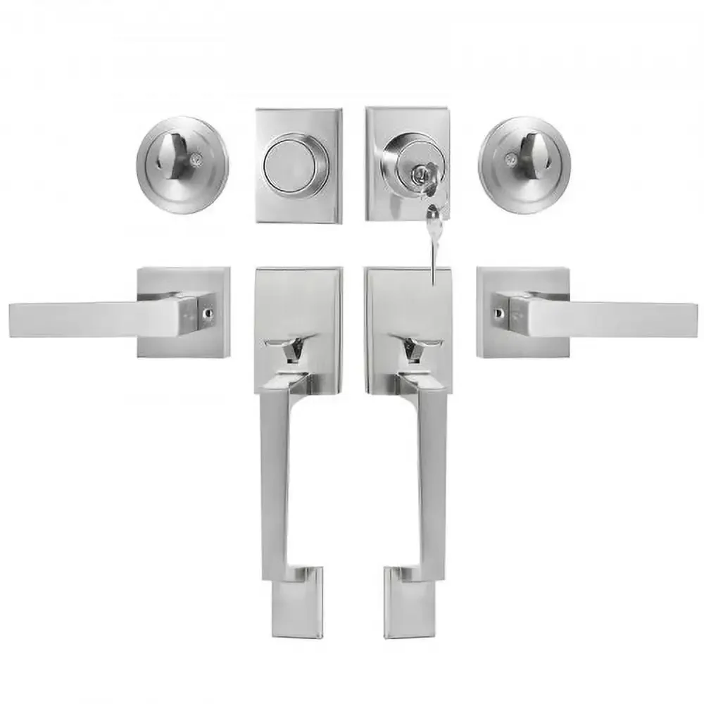 Double Door Handle Set, Double Door Lock Set with Reversible Handle Lever, Satin Nickel Square Door Lever