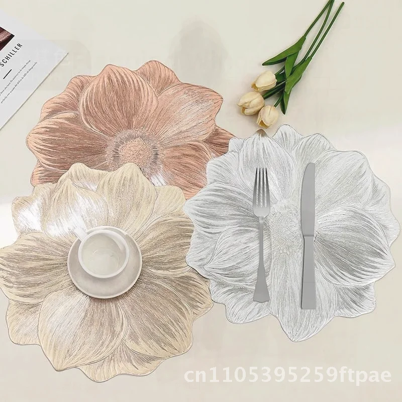 Luxury Lotus Non-Slip Placemat PVC Insulated Thickened round Coaster Mat Gold/Silver/Rose Gold Color Washable for Home/Hotel Use