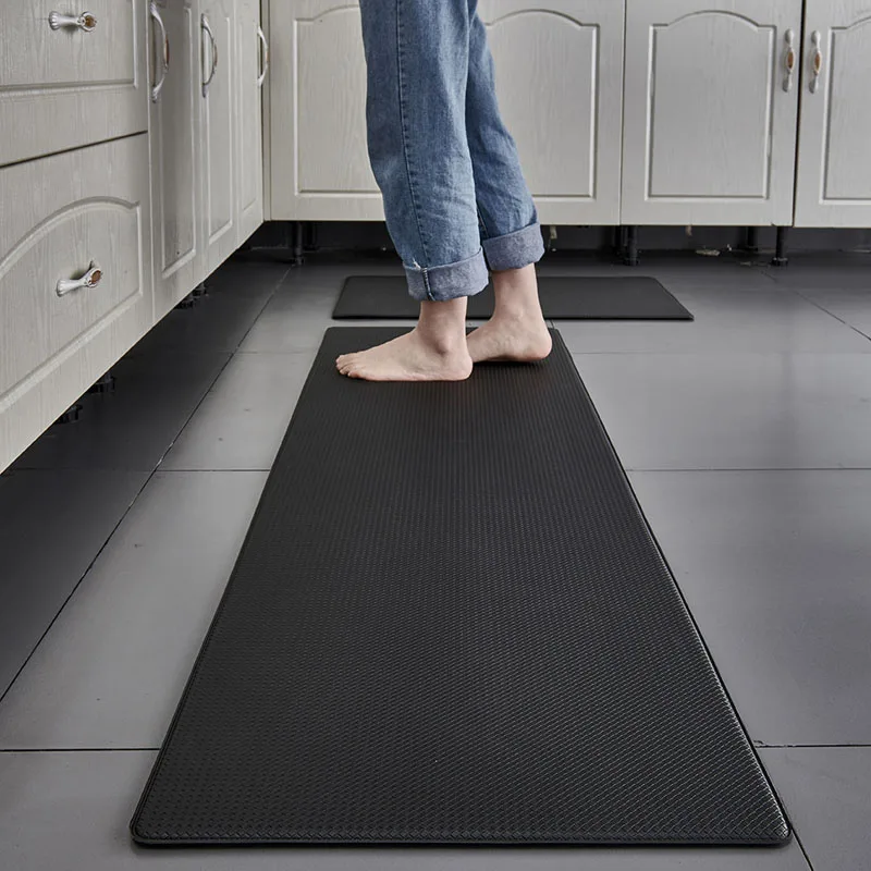 1pcs PVC Waterproof Kitchen Mat Non Slip Floor Mats PU Leather Oilproof Kitchen Carpet Living Room Bedroom Rugs Doormat Black