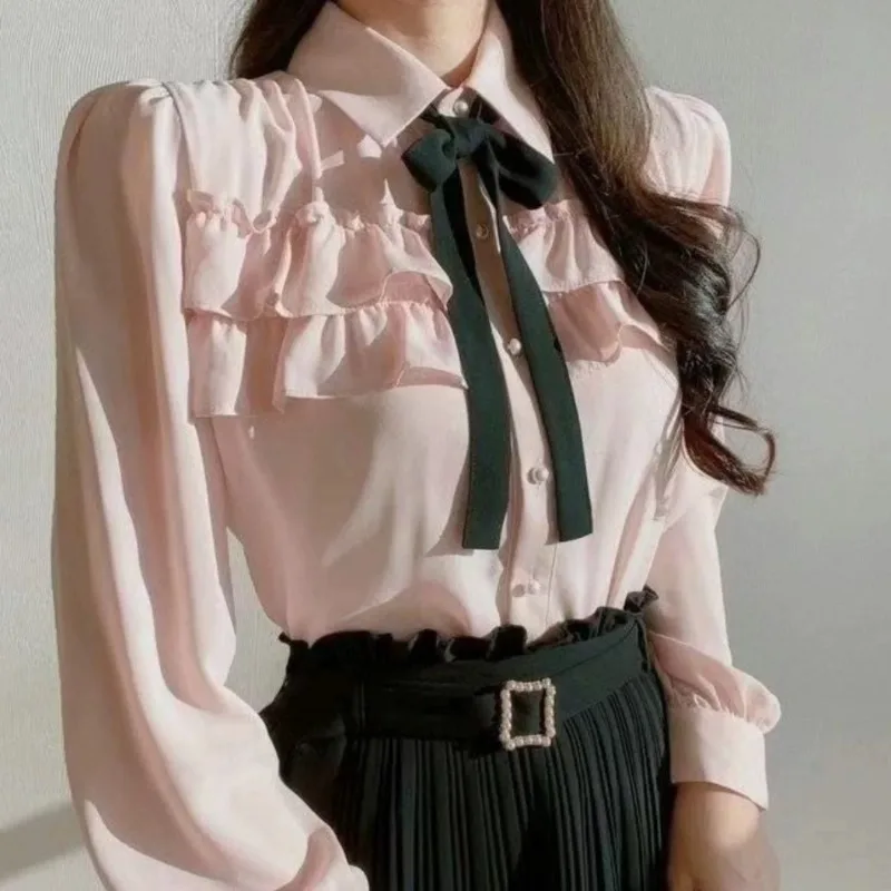 

Офисные женские блузки, однотонные повседневные рубашки, модная свободная весенне-осенняя одежда, шифоновые женские топы с длинными рукавами и рюшами