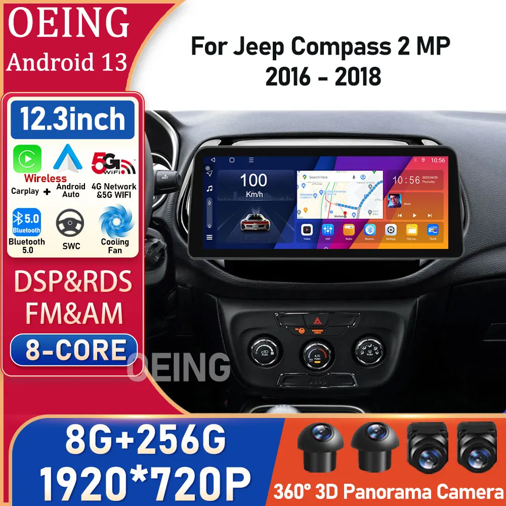 

QLED 8GB+128GB For Jeep Compass 2 MP 2016 - 2018 Car Intelligent System Android Auto Radio 2Din Multimedia Player GPS Stereo BT