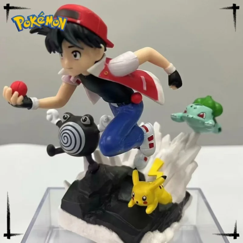 13cm Kawaii Anime Figures Gk Ash Ketchum Run Subdue Pet Elf Scene Decoration Vehicle Decoration Model Doll Creative Toy Gift