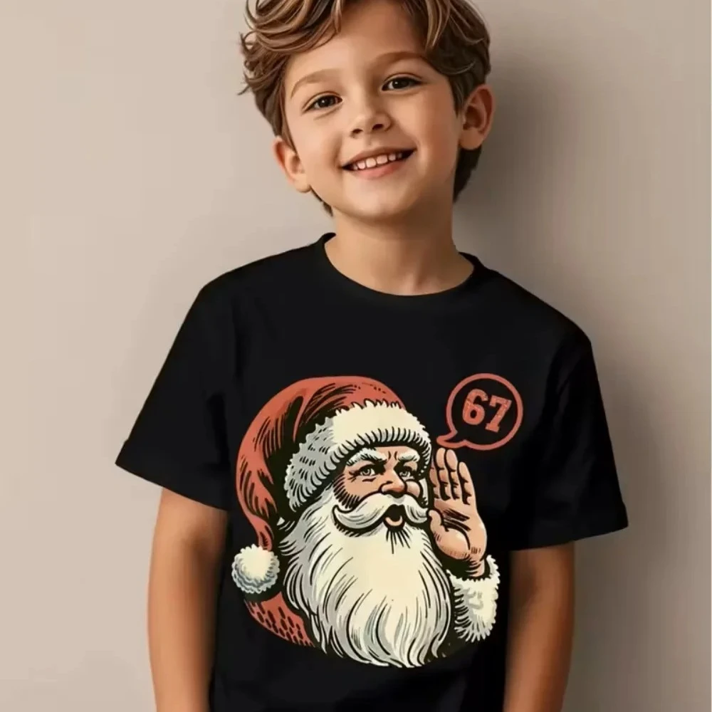 New Funny Six Seven 67 Meme Design T-Shirt Retro Santa Claus 67 Printed Shirt Boys Christmas Unique Gift Clothing Kids Xmas Tops
