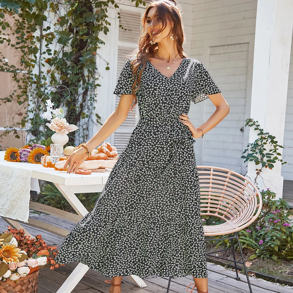 Abiti lunghi con stampa Vintage da donna per le donne 2023 estate Casual bohémien con scollo a v in vita abito femminile gonna da spiaggia da donna eachesyles