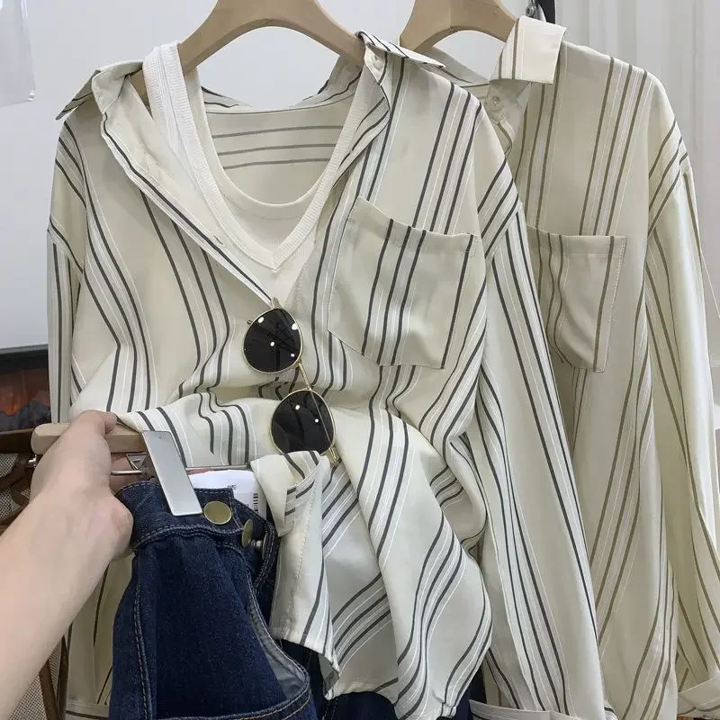 

Свободные винтажные полосатые рубашки женские весенние офисные женские повседневные BF унисекс литературные нежные удобные модная одежда в корейском стиле