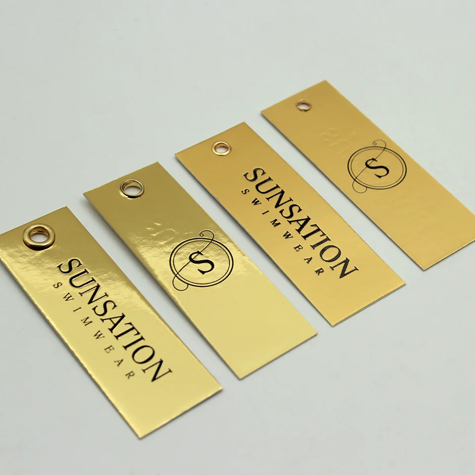 Luxury Custom Embossed Glossy Golden Paper Hang Tag New Clothing 3D Own LOGO Swing Tags with Metal Plating Eyelet Price Label