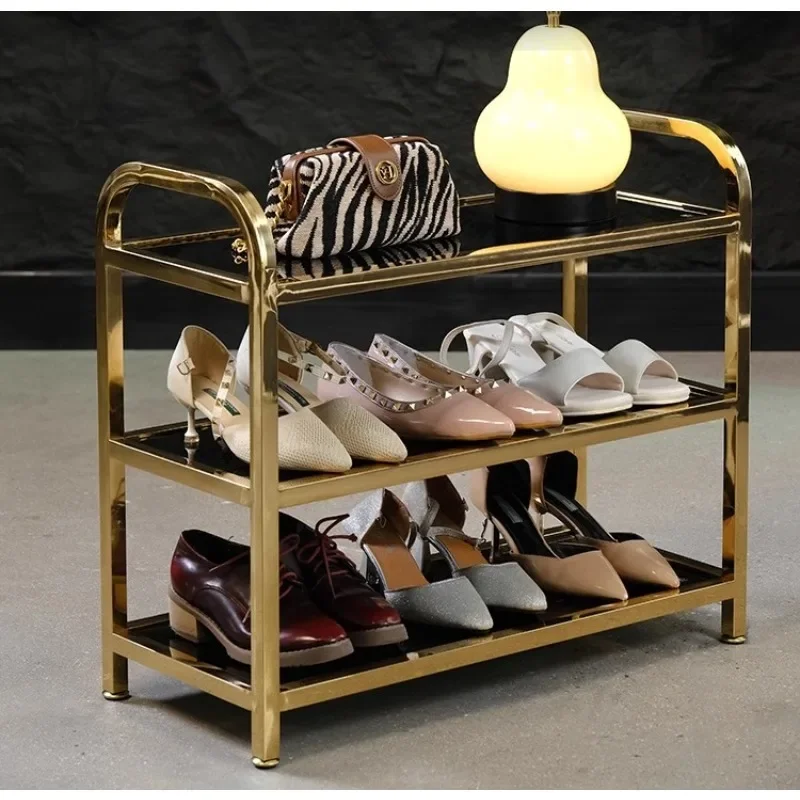 Modern light luxury high-end home entrance titanium gold stainless steel metal storage shoe rack complete installation-free