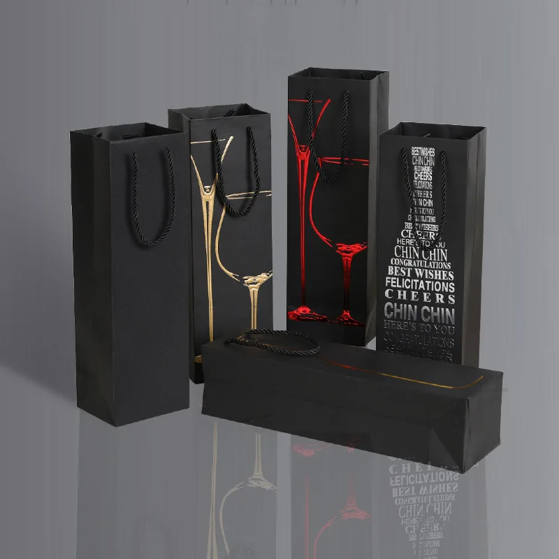 10pcs High-end Hot Stamping Red Wine Paper Bag Single and Double Tube Thick Wine Bags Printed Handheld Red Wine Gift Box Pouch