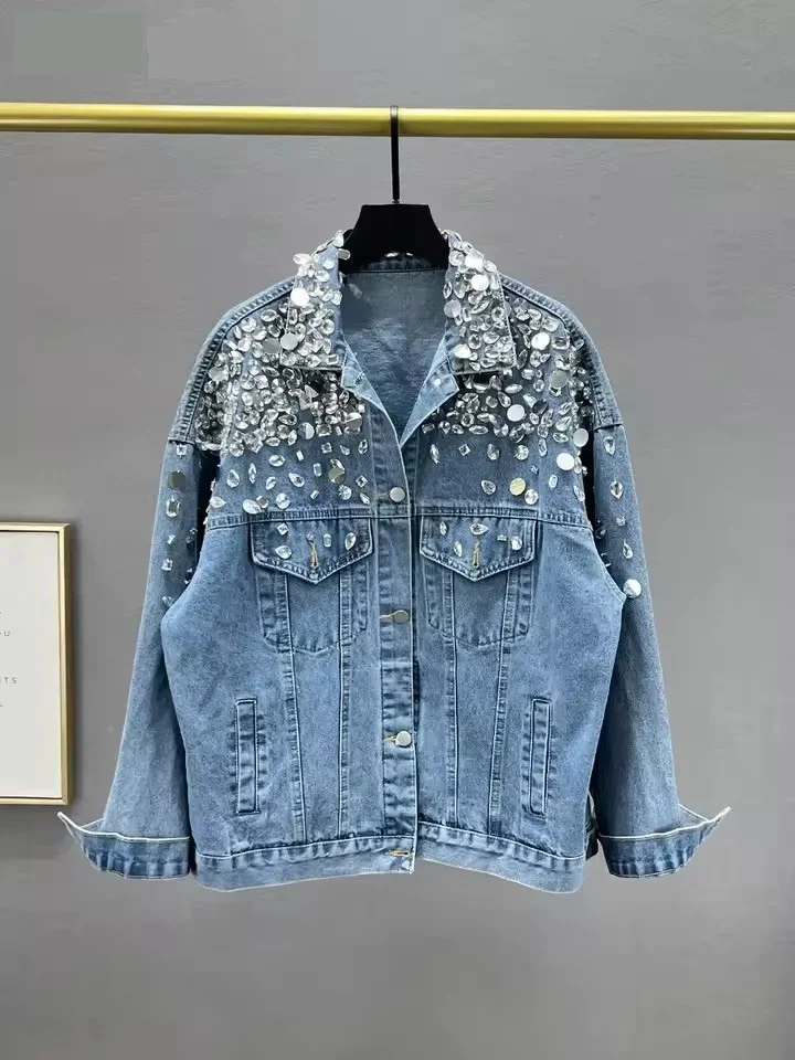Pop Pop 2025 nouvelle Station européenne lourde incrustée de diamants femmes veste en jean printemps automne ample décontracté à manches longues vêtements d'extérieur haute