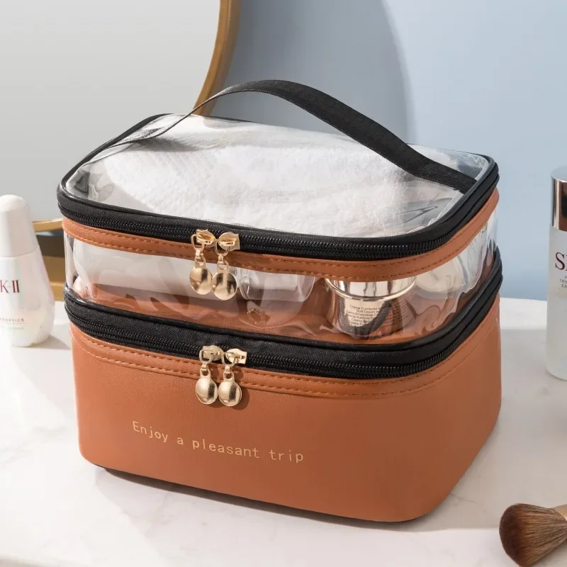 Borsa cosmetica a doppio strato tinta unita Pu trasparente lavaggio portatile Ins Fashion borsa da viaggio portatile impermeabile