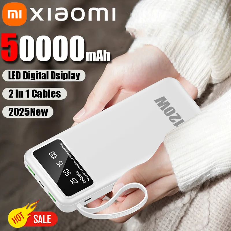 Xiaomi 50000 mAh PowerBank 120 W Schnelle Lade Power Bank Tragbare Externe Batterie 2in1 Kabel Für iPhone Samsung HUAWEI 2025 Neue