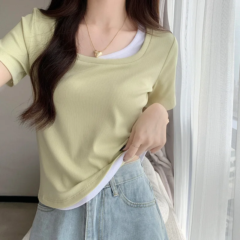 

Slim T-shirt for Women for Women's Short-sleeved 2025 Summer New Fake Two-piece Spliced shoulder Pure Desire Cotton Top