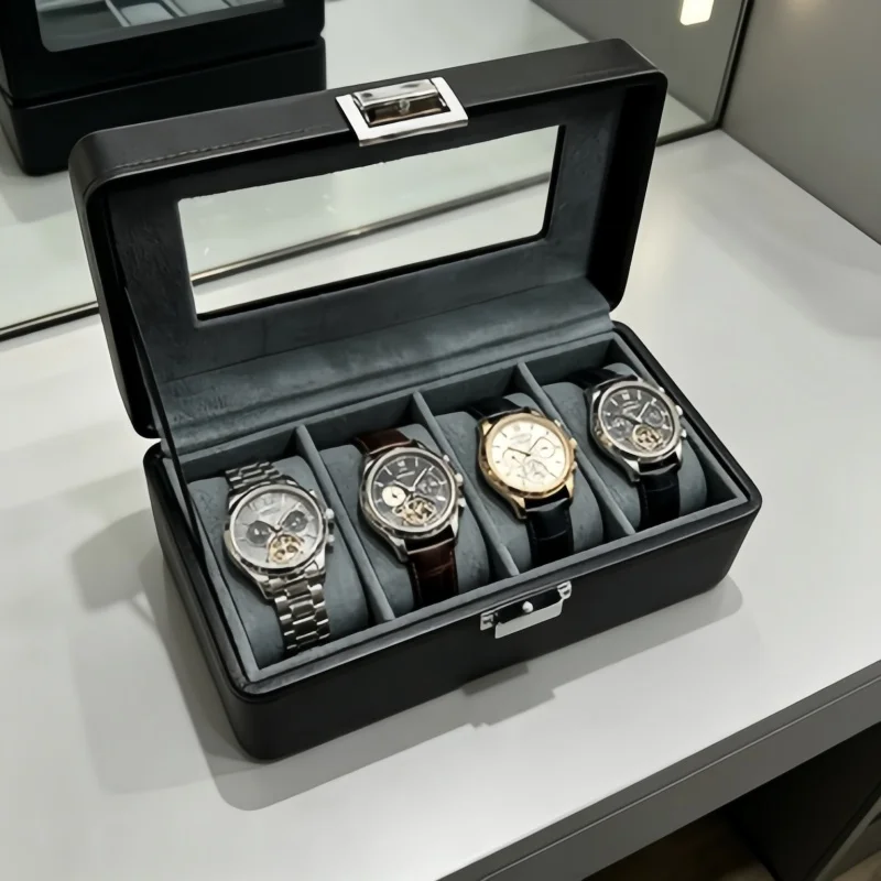 4 Slot Leather Watch Box Lockable Watch Organizer 3PCS Set with 2PCS Jewelry Box for Men Women Home Travel