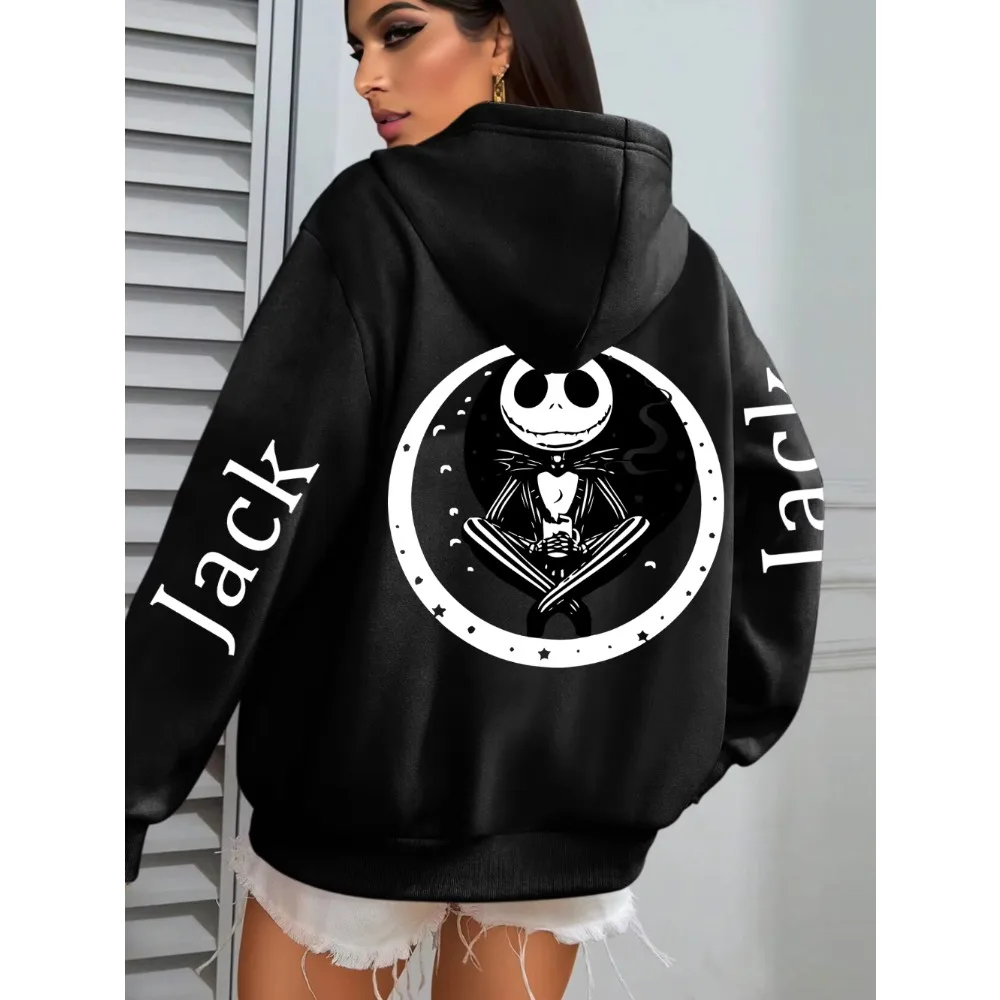 2025 outono e inverno nova disney halloween edição limitada esqueleto jack impresso moletom com capuz solto e casual versátil