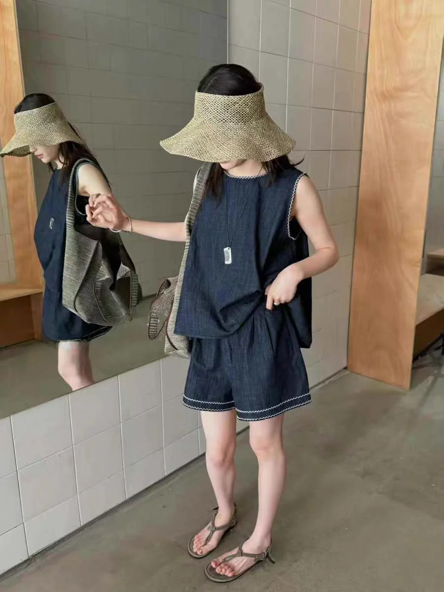 

JINSIM2025 Летний новый модный корейский комплект: приталенный джинсовый жилет с круглым вырезом и шорты для женщин