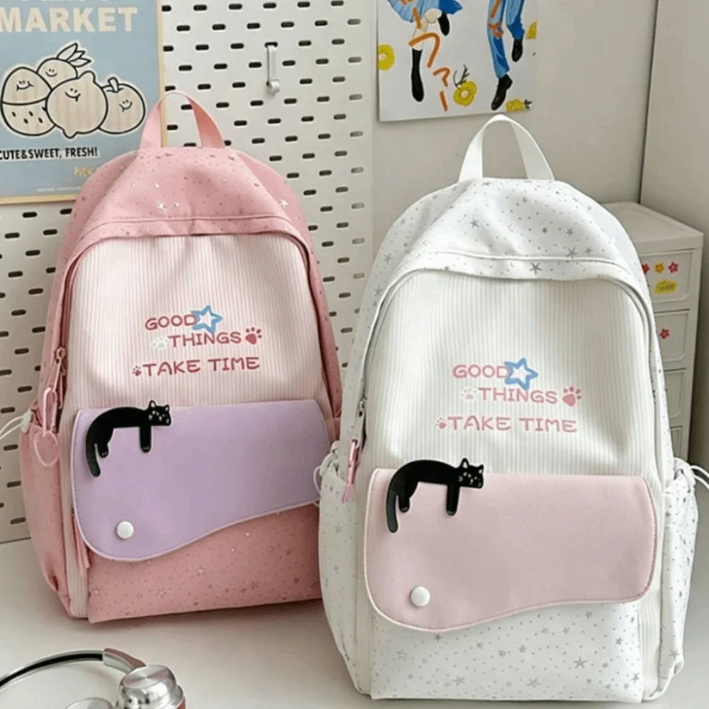 Y2k Sweet Cat Star Backpack Minimalist Printed Nylon Rucksack Large Capacity Multiple Pockets Student School Bag Travel Use