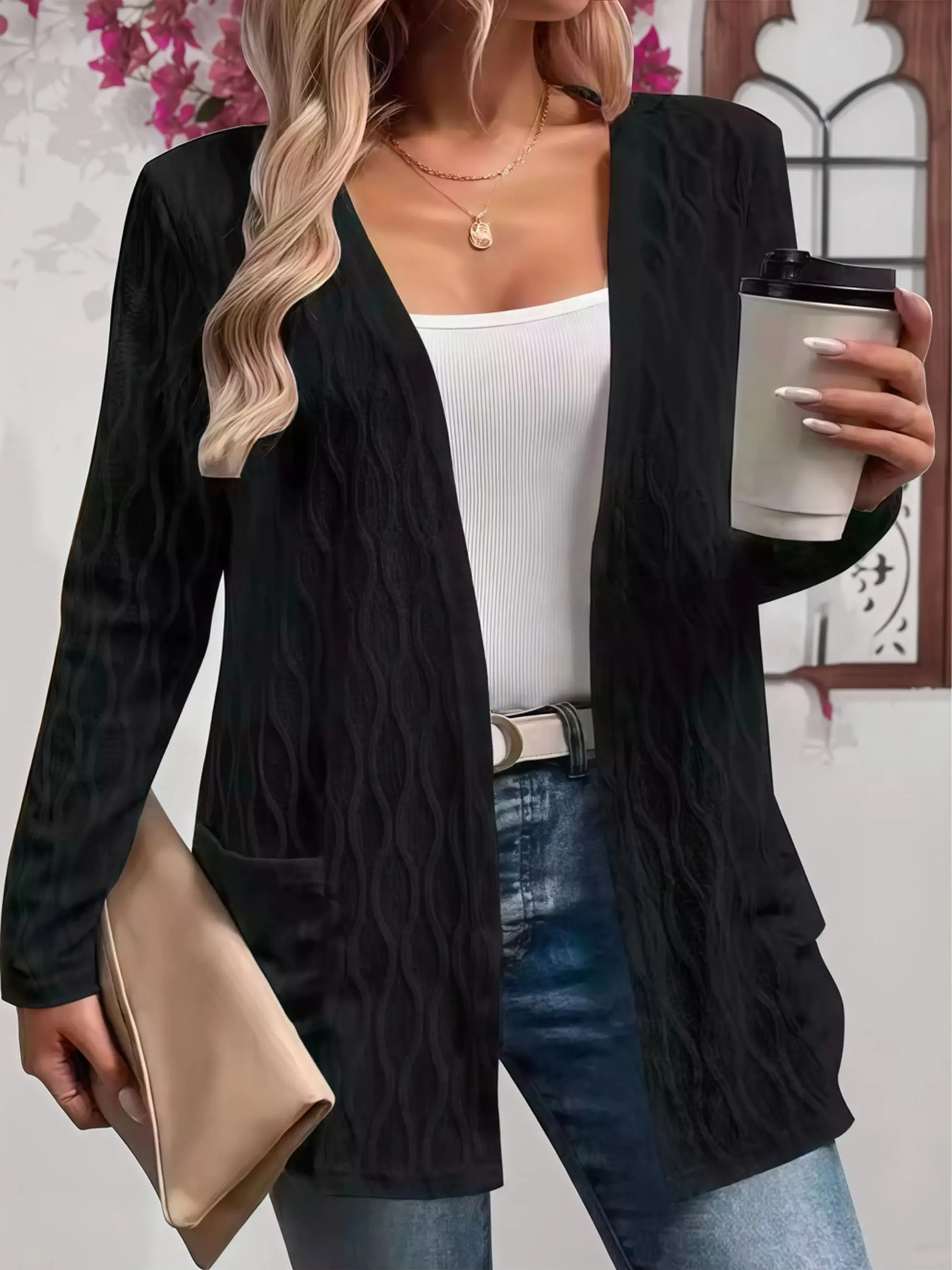 Comfy Fall Cardigan for Women, Casual Elegant Solid Textured Fabric Pocket Front Open Women's Loose Cover Up