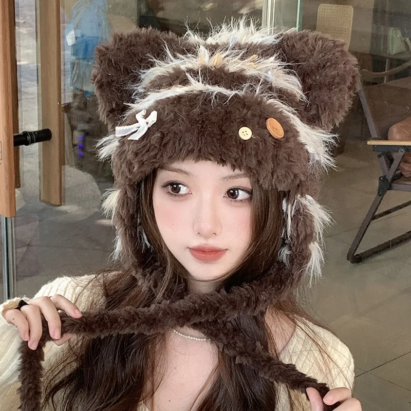 

2025 Autumn/Winter Lei Feng Hat Striped Splicing Knitted Wool Hat Children's Bow Thickened Petal brim Ear Protection Hat