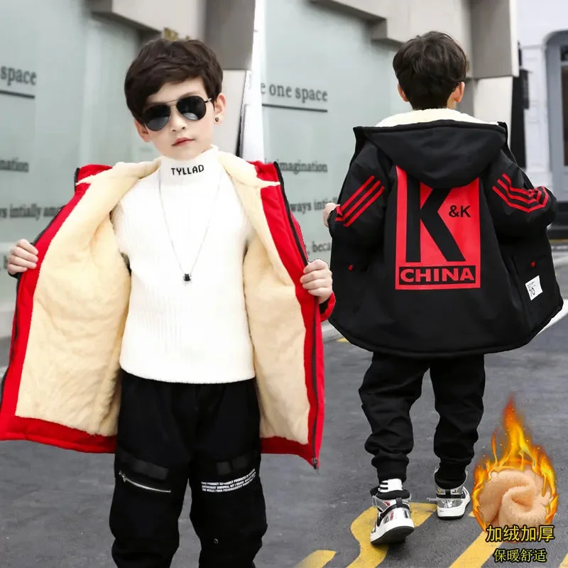 Boy Coat Winter 2024 New Plus Velvet Thicken Hooded Waterproof Warm Cotton Children Teenage Padded Jackets High Quality