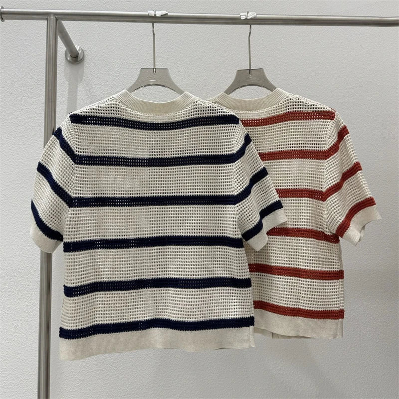 New SummerWomen's Round Neck Striped Hollow-OutShort Sleeve T-Shirt High-Quality FashionableCasual Single-Breasted Knit Cardigan