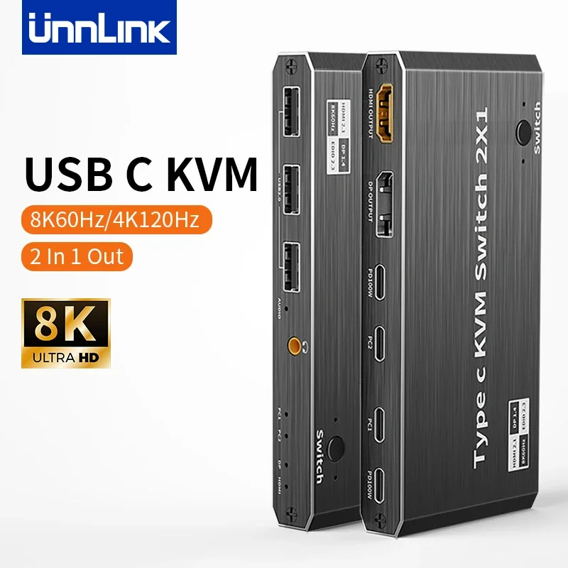 Unnlink 8K 60 Гц USB Type C KVM-переключатель 2x1 4K 120 Гц Thunderbolt 3/4 Видеопереключатель для 2 ноутбуков Подключение к 1 DP или HDMI-монитора