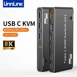 Unnlink 8K 60Hz USB Type C KVM Switch 2x1 4K 120Hz Thunderbolt 3/4 Video Switcher for 2 Laptop Connect to 1 DP or HDMI Monitor