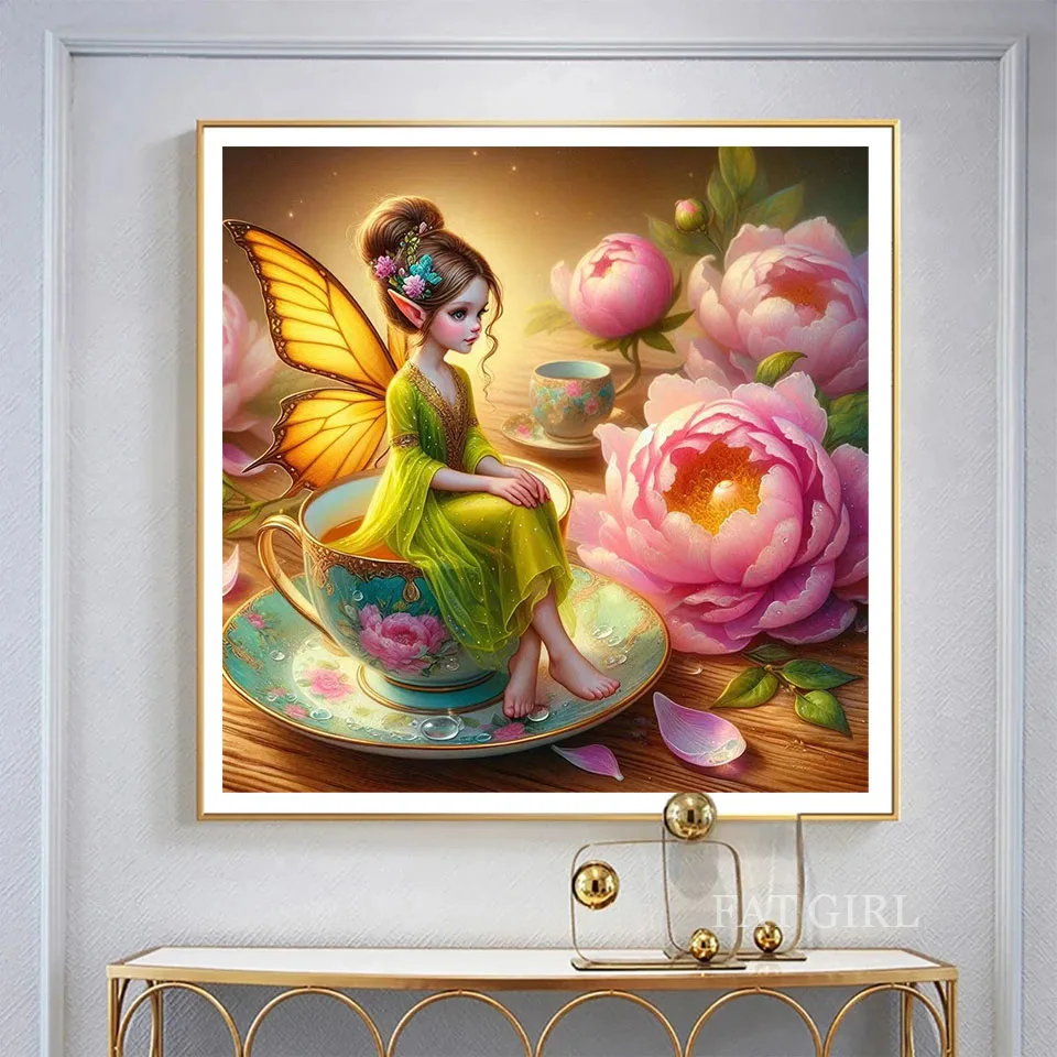 Diamond Embroidery Butterfly Elf Full Square Round Cup Diamond Painting Peony Mosaic Rhinestone Picture Handmade Home decor Gift