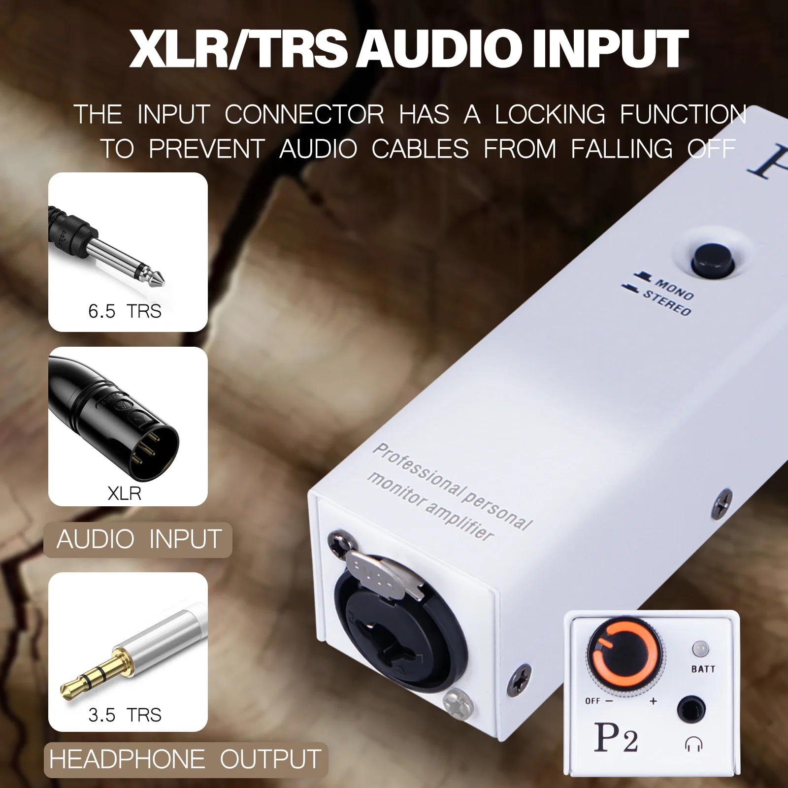 P2 Portable in Ear Monitor Amplifier, Headphone Amp with XLR and TRS Input 3.5mm Output, Headphone Amplifier with Stereo/Mono Sw