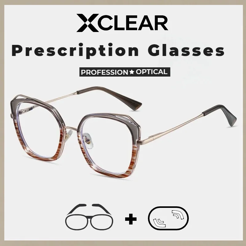 Xclear Geometric Frame Trendy  Myopia Prescription Glasses Full Rim High Quality Anti Blue Light Progressive Optical Eyeware