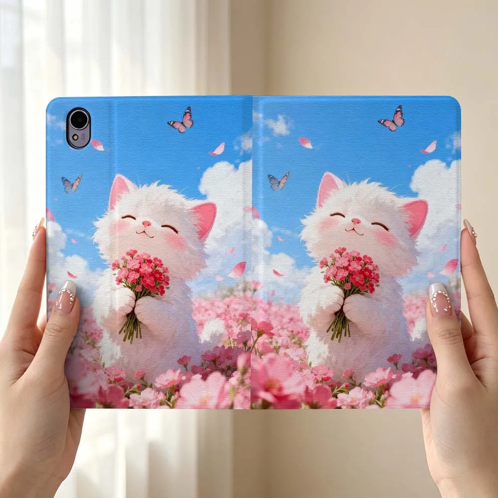 Pink Flowers And Cat For Huawei MediaPad MatePad Honor Pro V6 9 V8 X9 X 10 13.3 12.3 11 11.5 Inch Tablet Case Pen Tray