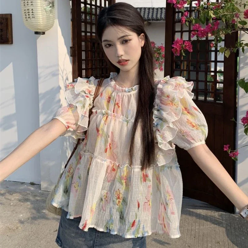 

Женские блузки с цветочным принтом, нежные милые оборки, праздничные свободные универсальные топы во французском стиле, нежные эстетические Mujer, темпераментные, повседневные