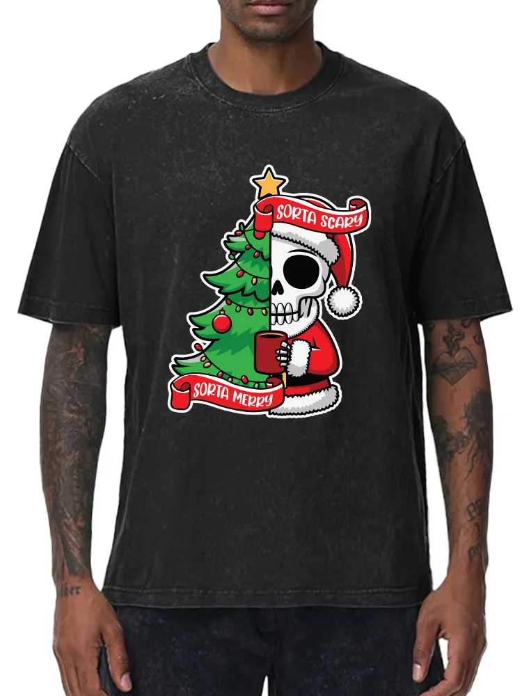 

Half Christmas Skull 230g Heavy Cotton Washed Oversized T-Shirt for Men Christmas Graphic Tee Retro Casual Top