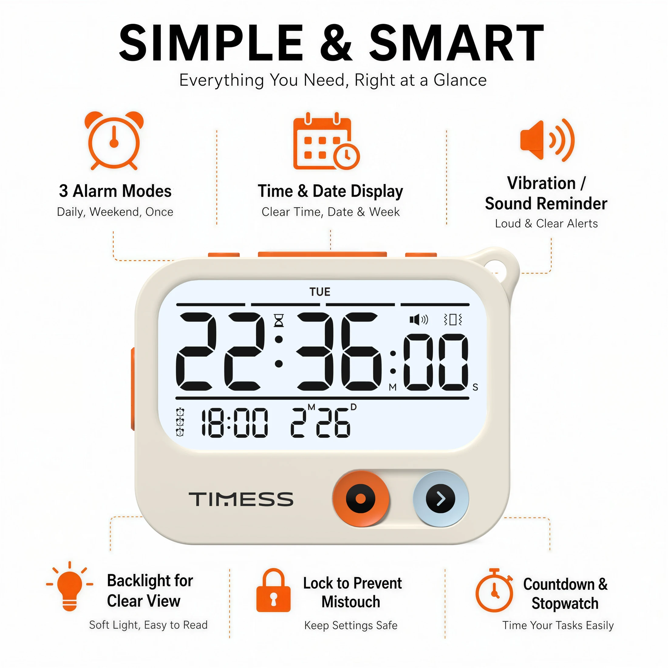 TIMESS Portable Vibrating Alarm Clock and Timer, Battery Powered Digital Clock with Backlight, 3 Alarm Modes