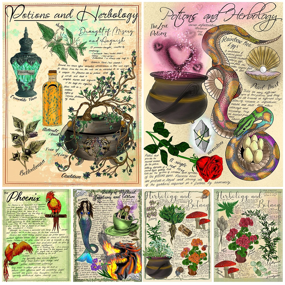 Wizardry Herbology And Botany Wall Art Canvas Print Mythical Creatures Phoenix And Witchcraft Spellbook Art Poster Print Decor