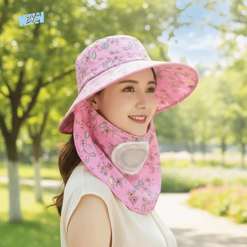 

Thin With Mask Picking Tea Hat Floral Wide-brimmed Sunshade Shawl Cap Polyester Breathable Neck Protection Hat Travel