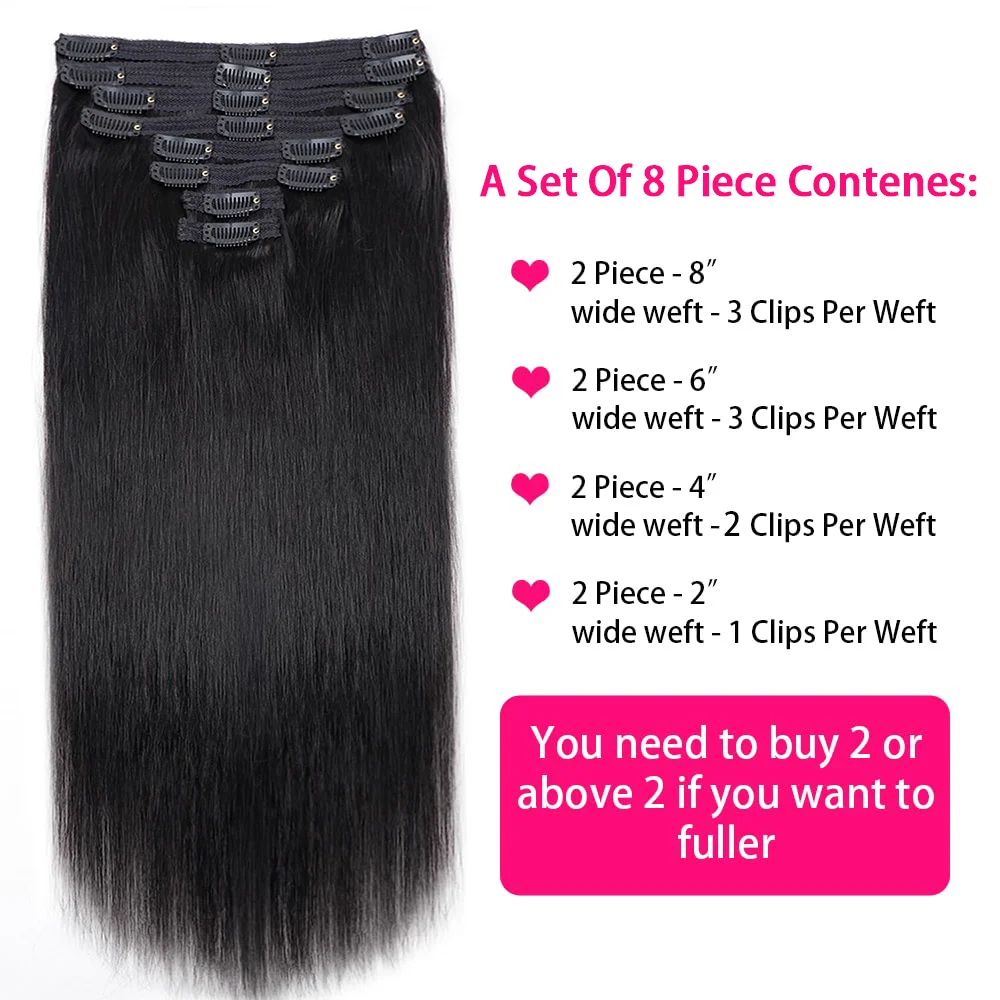 Clip In Hair Extension Human Hair Straight Brazilian Human Hair Clip In Extensions Full Head Seamless Natural Black 1B For Women