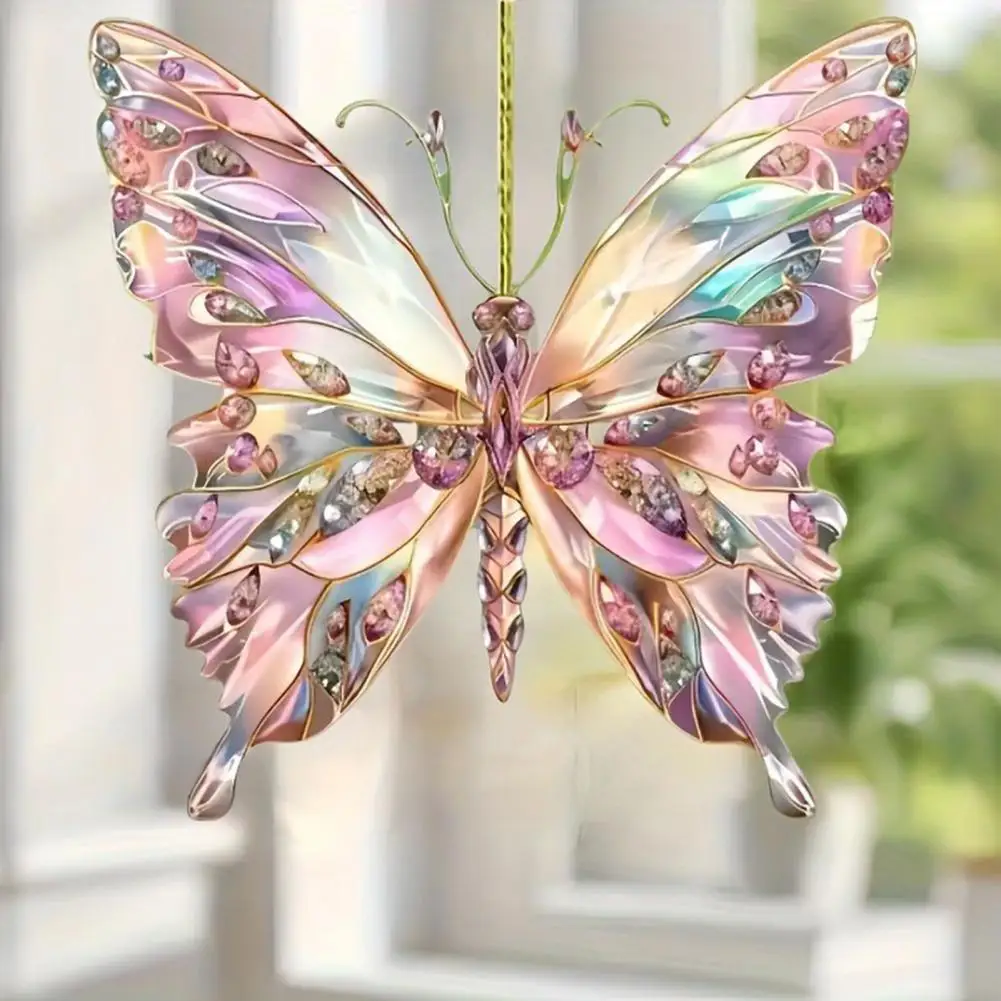 

2Pcs 7.4*8cmColorful Butterfly Car Pendant Faux Crystal Hanging Ornament For Rearview Mirror Rhinestone Art Kit For Car Decor