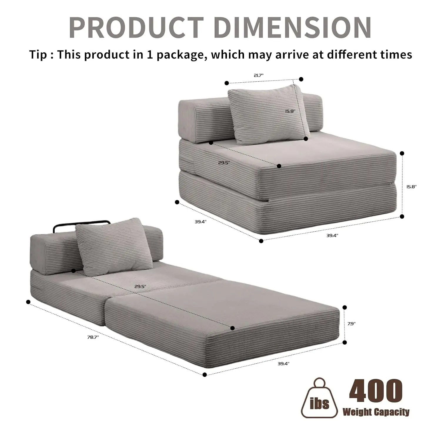 Fold Out Sofa Bed Convertible Sleeper Chair Pillow Back Support Portable Floor Lounge Living Room Bedroom Grey, Customized
