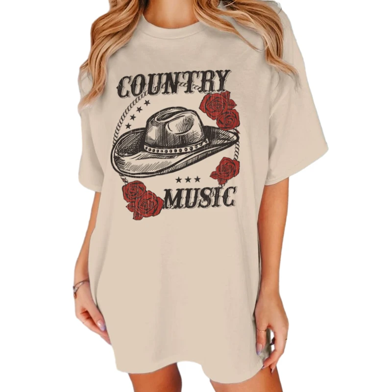 Women Retro Western Cowboy Hat T Shirt Vintage Boho Country Music Concert T-Shirt Loose Aesthetic Cowgirl Tops Cute Graphic Tees