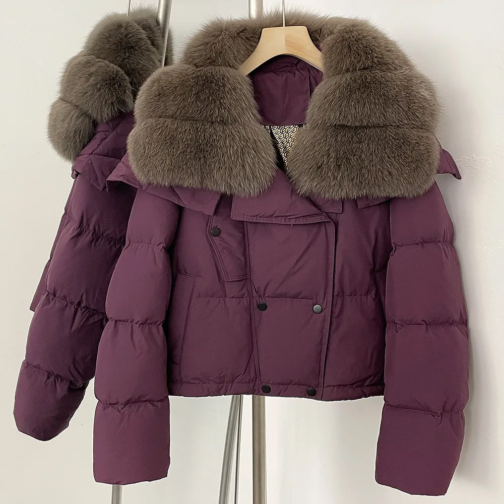 

Autumn Winter White 2025 Duck Down Coat Women Warm Thick Short Puffer Jacket Double Breasted Outerwear Female New Real Fur Coat