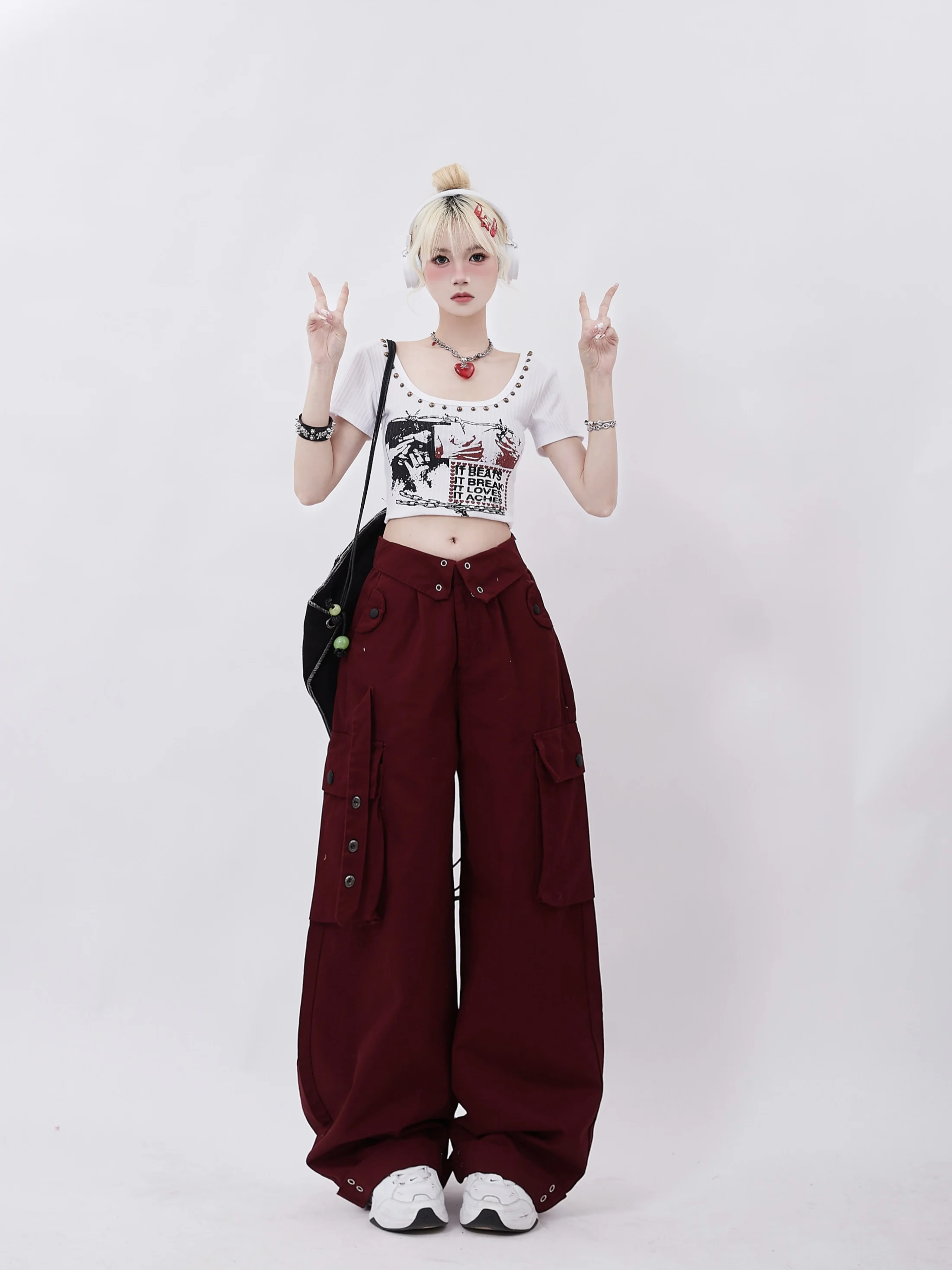 Dophee Candy Color Cargo Pants Wpmen Autumn American Street Multi Pocket Edge Curl Waist Spice Girls Straight Dance Trousers